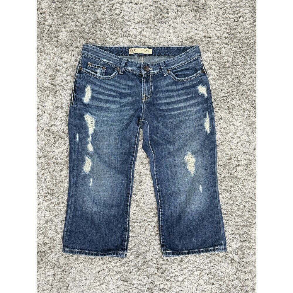 Women's BKE Sabrina Capri Destructed Dark Low Rise Blue Jeans Cropped Size 29